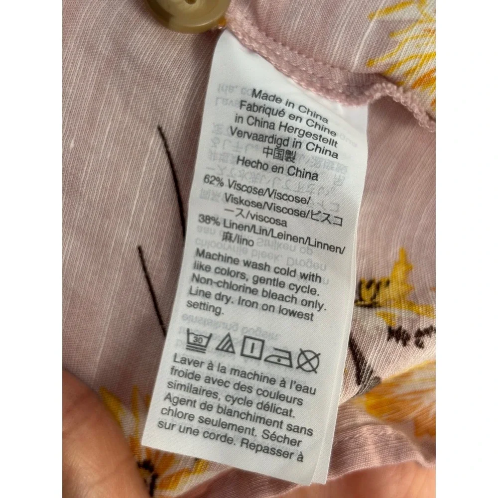 Madewell Button Front Blouse Size M Pink Yellow Floral Linen Blend Puff Sleeve